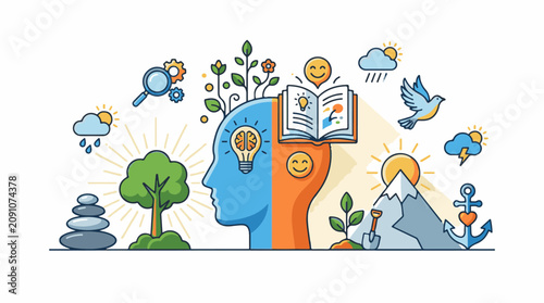 A colorful illustration of a human head with a book lightbulb and plants growing out of it surrounded by various symb