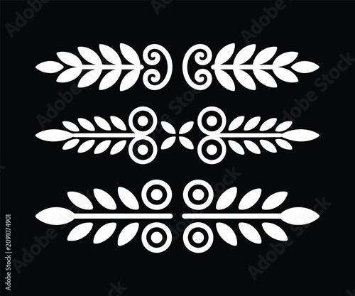 Vintage vector decorative dividers with laurel leaves and swirl circular line ornaments.