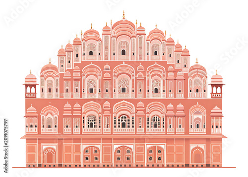 Modern minimal vector illustration of the Hawa Mahal, isolated on white background, symmetrical windows, pink sandstone tones, flat minimalist vector