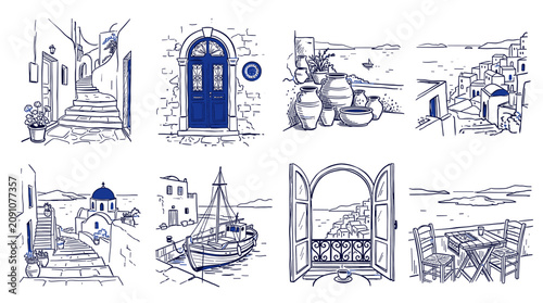 Set of traditional Santorini landscapes and Greek icons, minimalist hand-drawn blue line art illustrations for travel branding and souvenir design