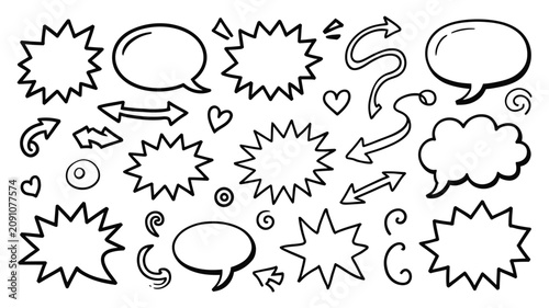 Comic doodle symbols, hand drawn speech bubbles, sketch dialog balloons, cartoon expression icons, playful communication elements, editable vector illustration