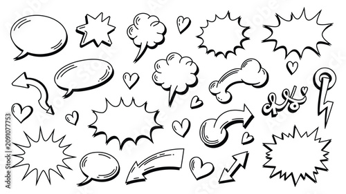 Comic doodle symbols, hand drawn speech bubbles, sketch dialog balloons, cartoon expression icons, playful communication elements, editable vector illustration