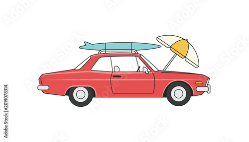 Red sedan car is equipped with a yellow sun umbrella and a turquoise surfboard on the roof rack for an upcoming seaside summer vacation.