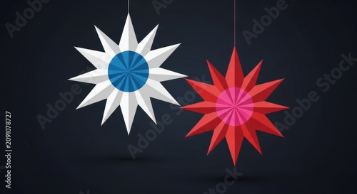 Colorful abstract geometric pattern with white star and red flower shapes on dark background