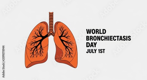 World Bronchiectasis Day illustration with lungs and date July 1st