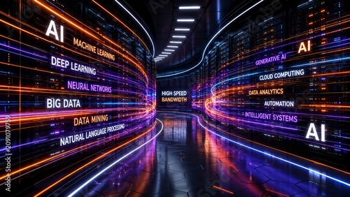 Futuristic neon data center bandwidth streaks in curved server hallway. AI cloud platform visualizing big data, machine learning, deep learning, neural network, analytics, automation, LLM operations