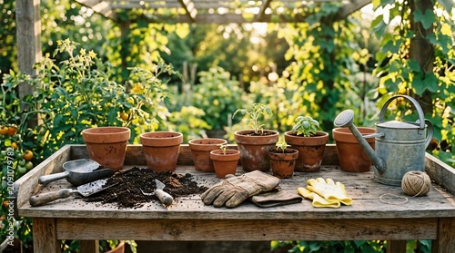 Potted plant seedlings and gardening tools on a wooden workbench in a sunny greenhouse