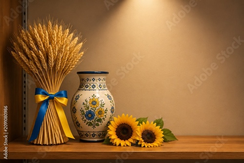 sheaf. Wheat sheaf with blue yellow ribbon, vase and sunflowers, harvest display, representing seasonal cycles and harvest abundance.