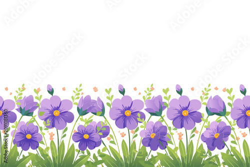 Vector purple flowers seamless border illustration, elegant violet floral meadow horizontal banner background with green leaves