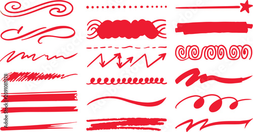 Line marker red underline set. Hand drawn red pen and brush stroke with underline accent, swoosh detail and squiggly sketch mark. vector set