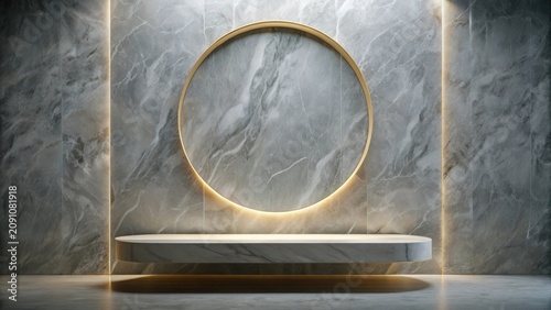 Elegant Marble Backdrop with Illuminated Gold Circle and Floating Platform