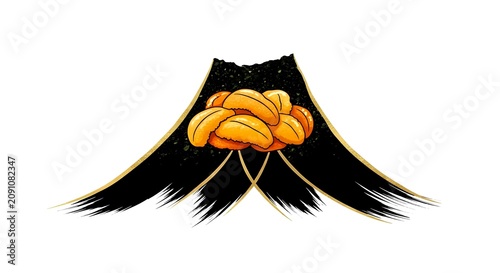 Gold Accent Calligraphy Style. uni gunkan (sea urchin) in crispy nori, with bold black brushstrokes forming an abstract mountain shape, with gold ink lines tracing the edges of the strokes