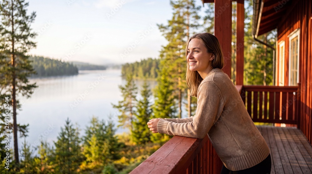 Fototapeta premium Smiling Woman Relaxing on Wooden Cabin Balcony Overlooking Scenic Forest Lake