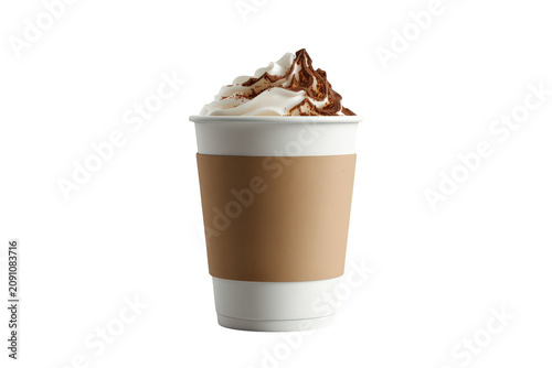 Takeaway beverage in a white paper cup with a blank brown sleeve, topped with delicious sweet cream. Transparent background