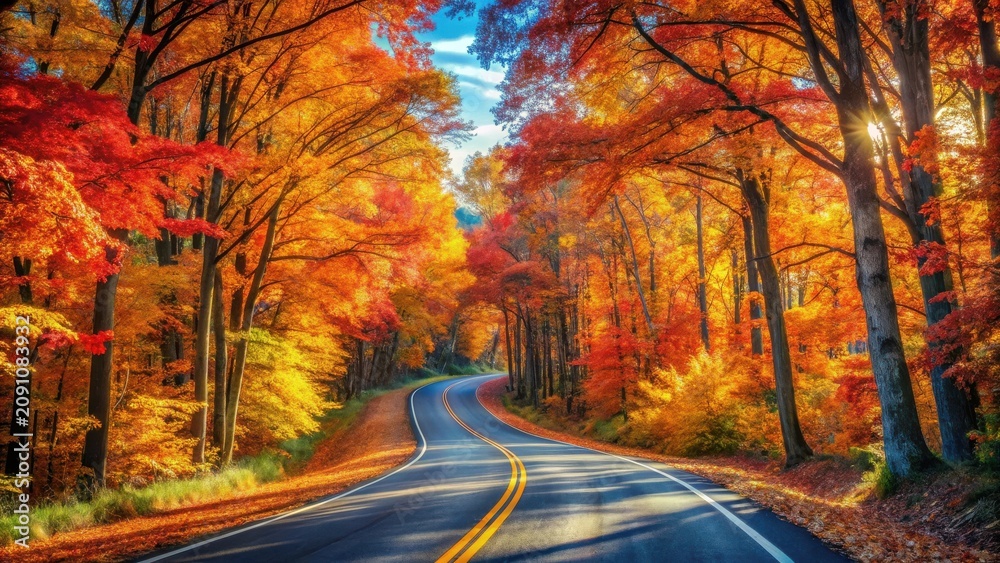 Fototapeta premium Autumnal Road Winding Through a Vibrant Forest Canopy of Red and Gold Leaves Under a Bright Sunny Sky