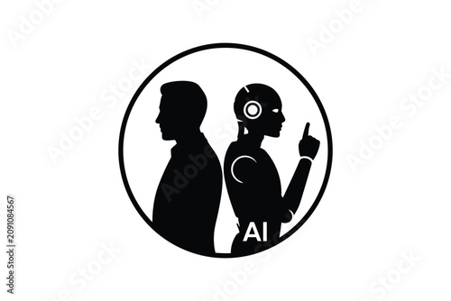 Black and white circular showing a human silhouette and a robot silhouette standing back to back on white background