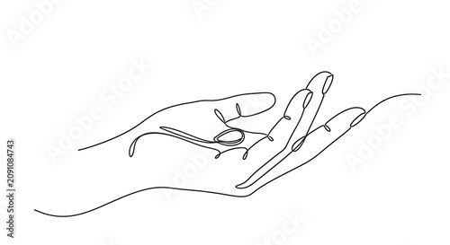 Minimalist continuous line drawing of an open human hand on white background for conceptual art