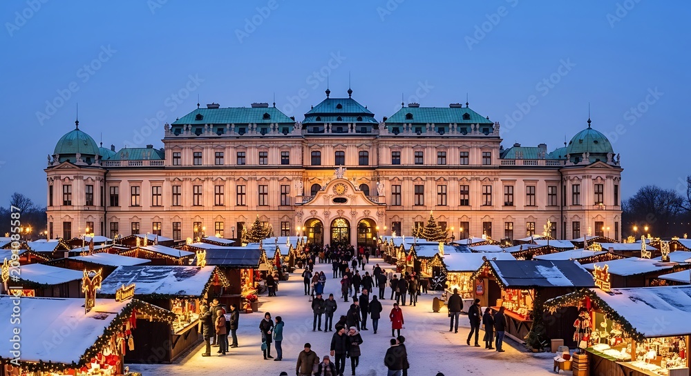 Fototapeta premium Festive Snow Covered Christmas Market Crowds Gather Before Illuminated Historic Palace at Dusk