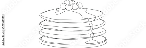 Photography Single continuous line drawing of a stack of pancakes with blueberries