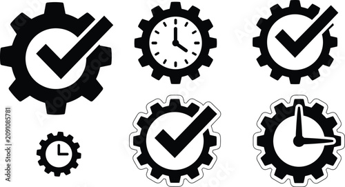 Gear icon vector set with check mark and clock symbols representing optimization and time management concepts