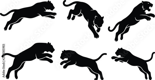 Vászonkép Black panther silhouette vector set featuring wild predatory big cat illustratio