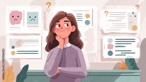 Young Woman in Thoughtful Pose Surrounded by Colorful Illustrations and Questions