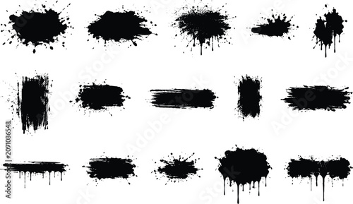 Billede på lærred Set of black ink splashes and paint blotches isolated on transparent background for creative graphic design