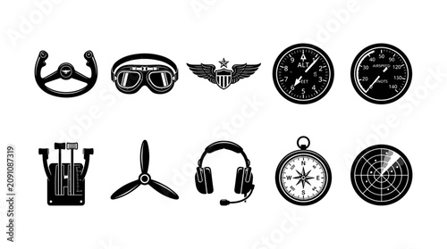 Fotografie Aviation and Gadget Icon Set with Headphones, Goggles, Compass, Stopwatch, Altim
