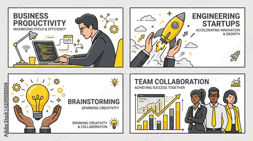 Business teamwork concept set with brainstorming strategic launch and collaboration banners