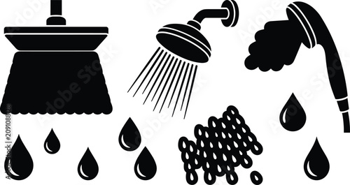 Photography Plumbing showerhead and streaming water drops collection featuring hygiene and h