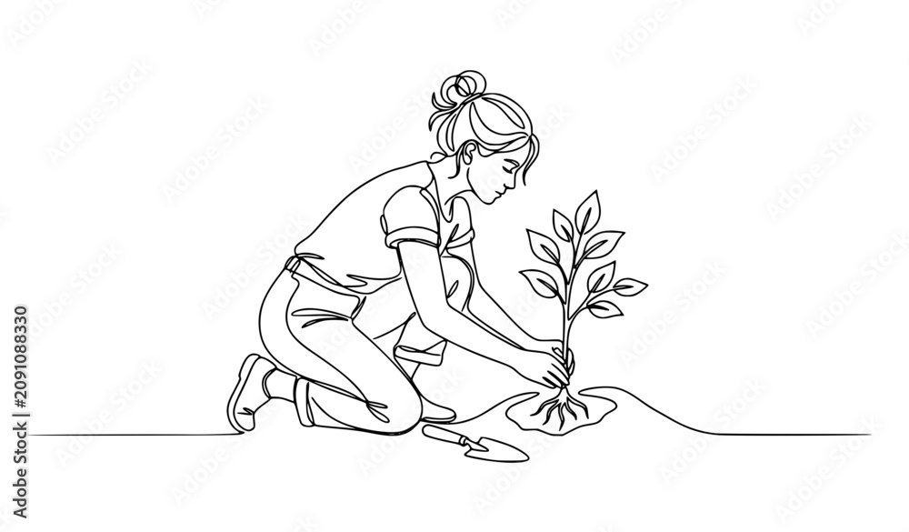 Obraz premium Young woman planting tree one line vector illustration for sustainable gardening and Earth Day awareness