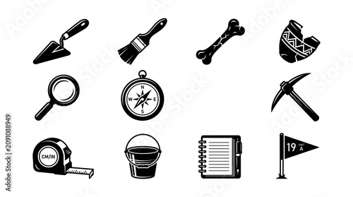 Obraz na płótnie Icons Set Showing Measurement Tools, Map Compass, Magnifier, Calendar, Bucket, a