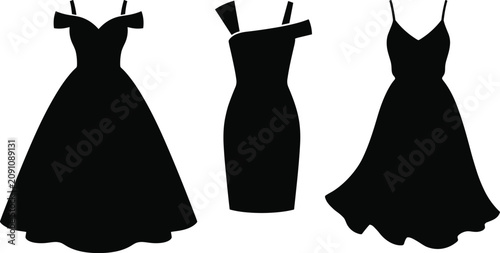Foto Elegant women black dress vector silhouette set including evening gown cocktail midi and summer maxi dresses isolated on white background
