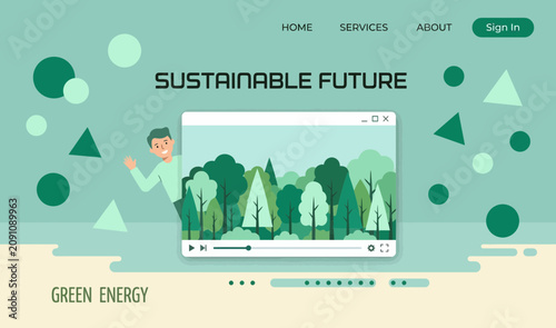 Sustainable future green energy landing page template featuring forest video player and friendly cartoon character mascot