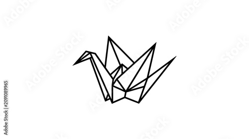Minimalist line art origami crane drawing on white background