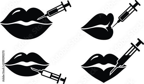 Bild auf Leinwand Lip filler injection cosmetic surgery icons set with glossy mouth silhouettes an