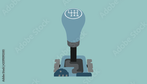 Clean graphic of a car manual gear stick shift knob with shift pattern on top over a blue background.