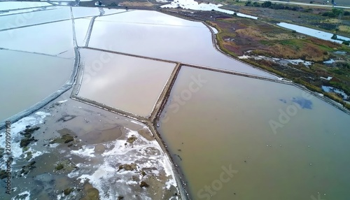 High angle view of coastal wetlands and salt fields.