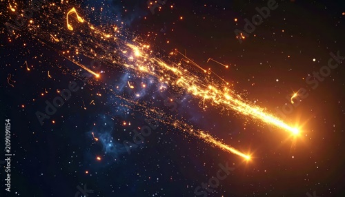 Golden meteors streaking through starry night sky.