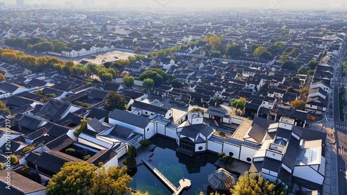 Aerial view of Suzhou Museum and Pingjiang Road old district of Suzhou, Jiangsu Province, China