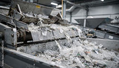 Medium shot of industrial film scrap edges being chopped precisely for regrind reclaim showcasing sustainable plastic recycling in production facilities.