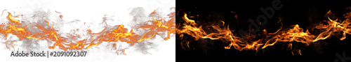 Foto Horizontal orange fire trail banner with realistic burning flame and glowing sparks isolated on black and transparent backdrop