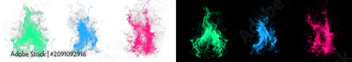 Fotografie Collection of bright neon fire flames isolated on transparent and black backgrounds for graphic design and digital media projects