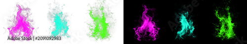 Photos Set of vibrant neon fire flames isolated on transparent and black backgrounds for creative graphic design and visual projects