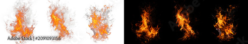 Foto Realistic bright orange fire flames and embers in motion on transparent and black backgrounds