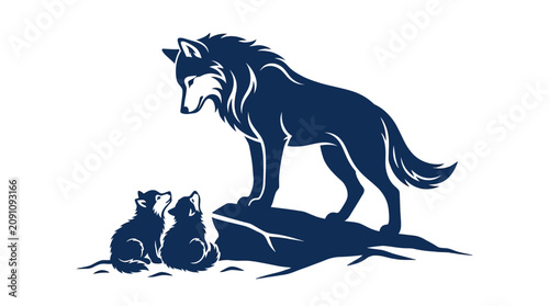 Konstfotografi Minimalist Wolf Family Illustration with Adult Wolf and Cubs on Rock