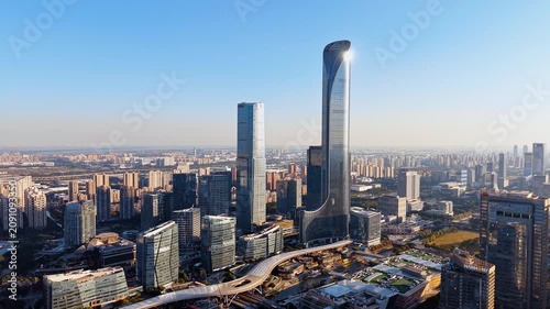 Aerial dawn view of the International Financial Center skyline in Suzhou,Jiangsu Province, China
