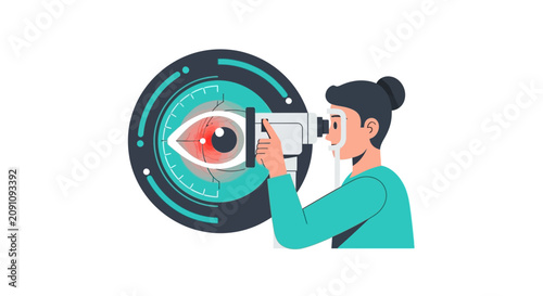 Eye Care Concept Illustration: Professional Ophthalmologist Performing Vision Examination and Eye Health Diagnosis with Modern Medical Diagnostic Equipment