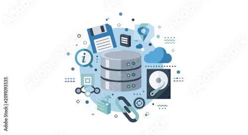 Data Storage and Database Management Infrastructure Concept - Flat Vector Illustration with Cloud, Server, and Information Icons