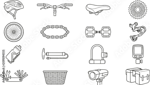 Cuadro en lienzo Bicycle Accessories and Cycling Equipment Icon Collection with Bike Components,
